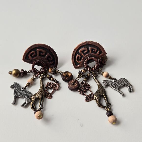 African Wildlife Safari Giraffe Zebra Palm Tree Bronze Dangle Post Earrings - Picture 1 of 5